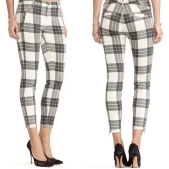 MOTHER Jeans Brand Side Zip Muse Plaid Pants Cream Black Size 24 - Picture 1 of 6